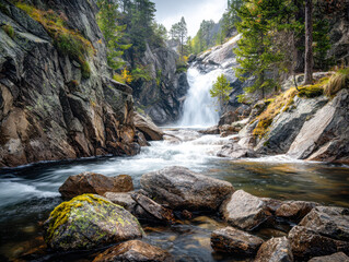 Serene cascading waterfall flowing through rocky terrain surrounded by lush green pine trees in a peaceful forest landscape under a bright sky