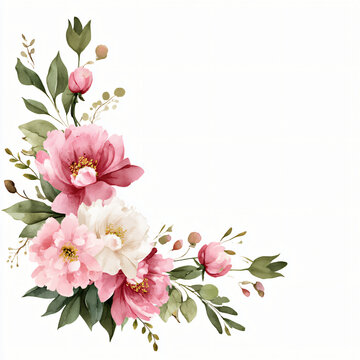 Watercolor floral corner arrangement with pink and white flowers isolated on white background