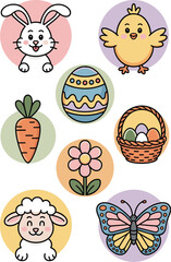 Fototapeta premium Cute Easter and Spring character vector illustration collection featuring a happy bunny, small chick, smiling lamb, decorated eggs, carrot, basket, butterfly, and flower icons in a pastel cartoon styl