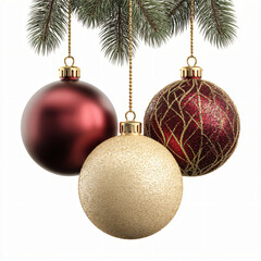 Three christmas balls hanging on a christmas tree isolated on white background