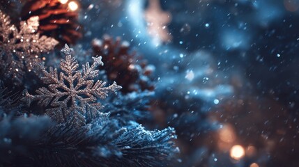 snowflakes falling on Christmas decorations