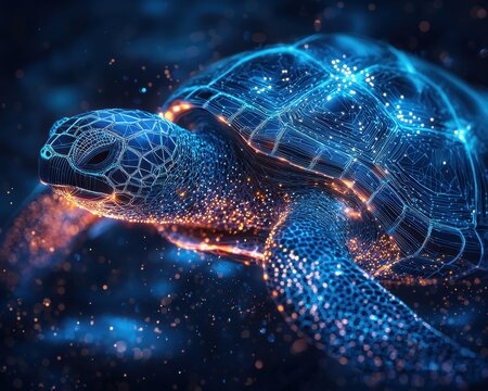 Futuristic digital rendering of a sea turtle illuminated with neon lights and intricate circuitry patterns - Powered by Adobe