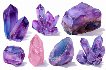 Watercolor amethyst crystals isolated on white background, purple and pink gems