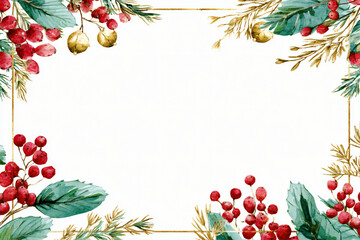 Watercolor christmas frame with red berries, fir branches isolated on white background