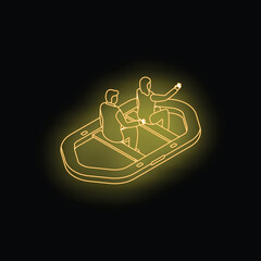 Business people team sailing in inflatable boat neon sign on black background