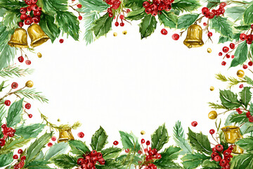 Watercolor christmas frame with holly, berries, fir branches isolated on white background