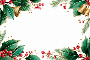 Christmas frame with holly leaves, berries, pine branches isolated on white background