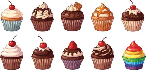 Delicious Assortment of Gourmet Cupcakes with Cherry, Chocolate, Caramel, and Rainbow Frosting Flat Vector Illustration CAD Drawing
