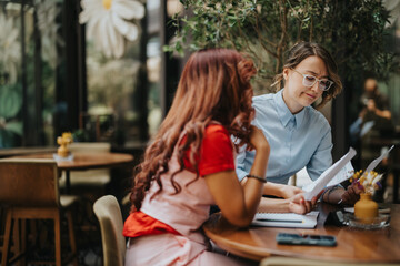 Two women sit at a cafe table, examining papers and notes as they discuss ideas and strategies.