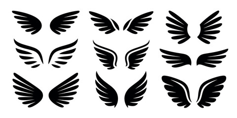 A collection of nine different black and white wing illustrations on white background
