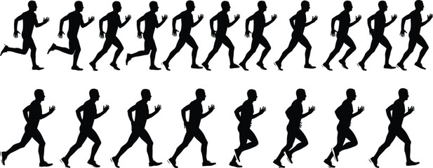 Running motion silhouette sequence, human biomechanics stride phases, athletic movement breakdown, sports science reference, cad drawing flat vector illustration