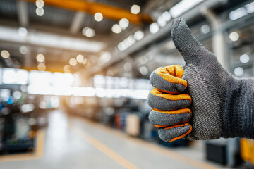 Worker wearing protective gloves giving thumbs up in a modern industrial factory with blurred bright background showing safety and approval gesture