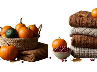 Vibrant orange pumpkins and gourds with autumn leaves in a classic fall harvest still life