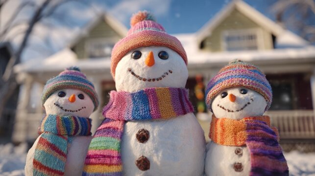 snowman family in backyard with colorful scarves and carrot noses, - Powered by Adobe