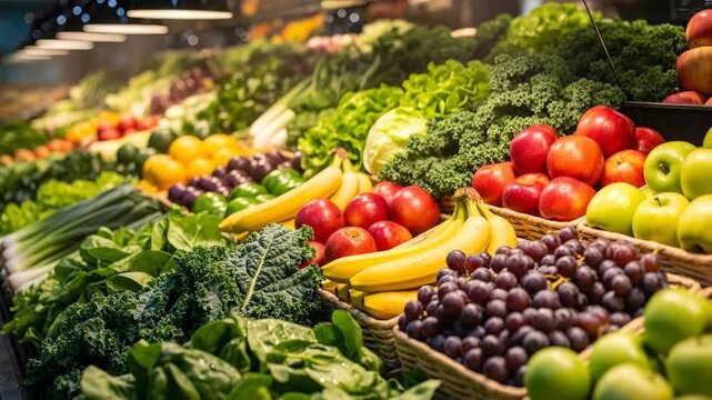 Vibrant market display: fresh fruits and vegetables arranged in lush harmony at local grocer increasing in popularity