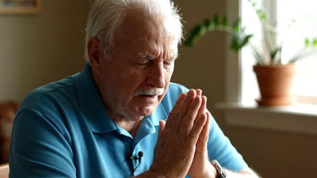 Elderly man with white hair, eyes closed, hands clasped in deep prayer, reflection.