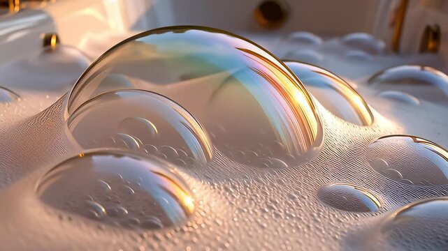Macro view of iridescent soap bubbles floating on white foam in a luxury jacuzzi with golden light, illustrating spa and relaxation concepts