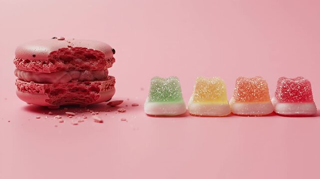 A stack of pink macarons with a bite taken out of the top one, next to a row of colorful jelly candies, all on a pink background.