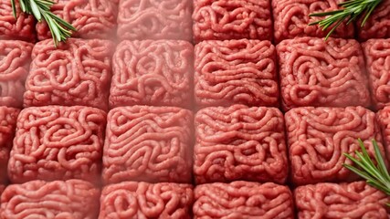 Closeup sequence of fresh ground beef with rosemary garnish on black slate background