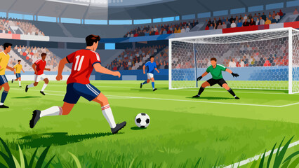 This vibrant illustration shows a soccer match in a crowded stadium: players in jerseys race for the ball on the grass pitch, with a scoreboard and cheering fans in the background. © Canis