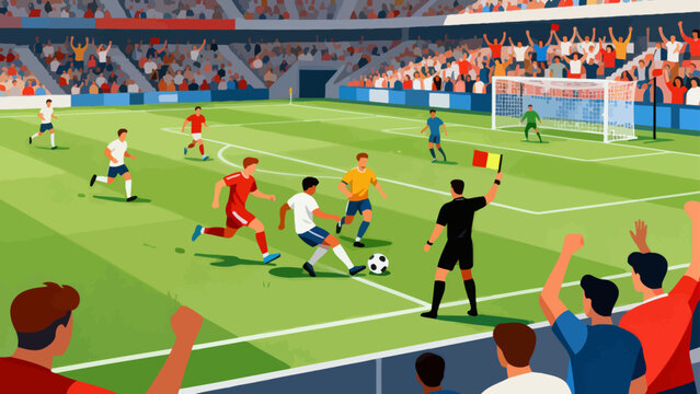 This vibrant illustration shows a soccer match in a crowded stadium: players in jerseys race for the ball on the grass pitch, with a scoreboard and cheering fans in the background.
