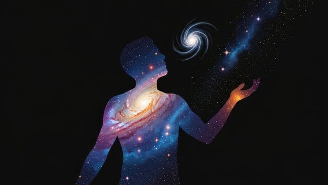 Human silhouette illuminated by cosmic nebula and galaxies in a celestial display