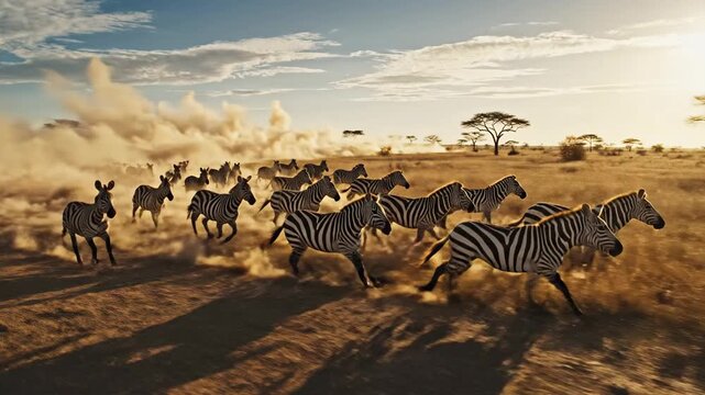 Herd of zebras running across dry savanna landscape under warm sunlight