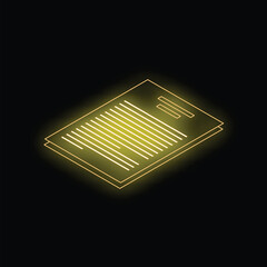 Yellow neon sign of document isometric icon on black background