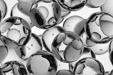 Transparent glass-like spheres with subtle light refractions and internal air bubbles, creating a clean abstract background ideal for skincare branding, scientific visuals, and modern minimal design