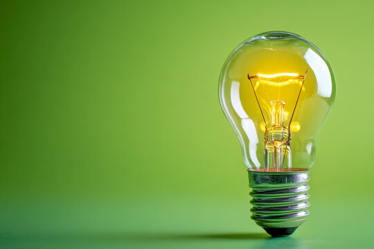 Illuminated glass light bulb glowing warmly against a smooth green background symbolizing innovation and creative ideas in technology and design