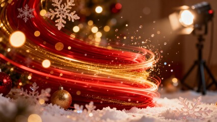 Abstract Christmas background featuring swirling red and gold light trails