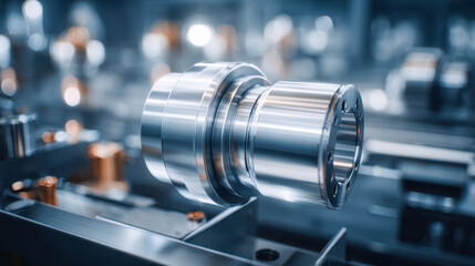 Fototapeta premium Precision engineered metallic component being manufactured in a high-tech industrial setting with blurred background and polished surface reflecting light