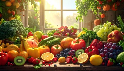 Vibrant, colorful display of fresh fruits and vegetables set against a sunlit window, suggesting abundance