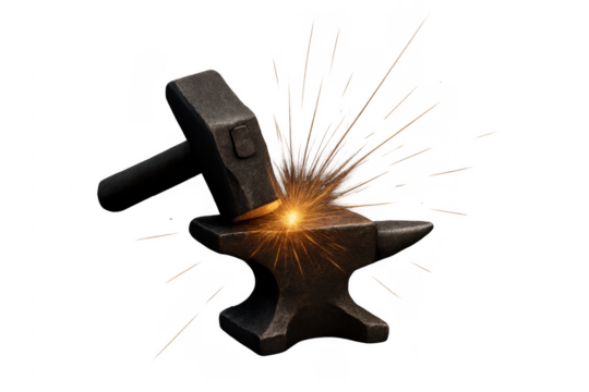 Blacksmith hammer hitting anvil creating sparks transparent background