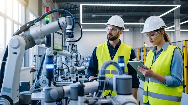 Engineers collaborate with advanced robotic arm in modern industrial setting