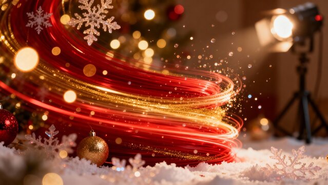 Abstract Christmas background featuring swirling red and gold light trails - Powered by Adobe
