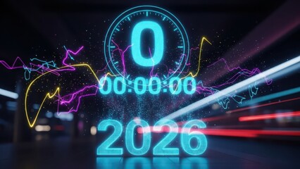 Neon glowing countdown to the year 2026 with digital clock and abstract light trails