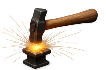 Hammer striking anvil generating golden sparks on transparent background