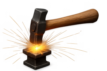 Hammer striking anvil generating golden sparks on transparent background