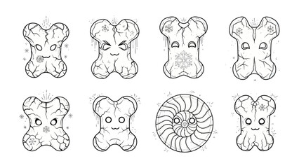 Animated Bone Designs: A collection of quirky bone-shaped designs, each with unique facial expressions and intricate patterns. These whimsical illustrations offer a playful take on anatomy.