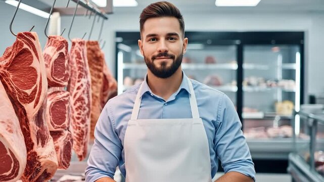 Skilled butcher with apron posing inside modern butcher shop surrounded by fresh meat cuts