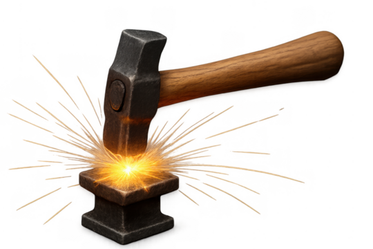 Hammer striking anvil generating golden sparks on transparent background