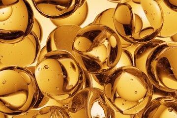 Golden translucent spheres forming an abstract background with depth and light, perfect for elegant branding visuals, cosmetic advertising, and modern design projects
