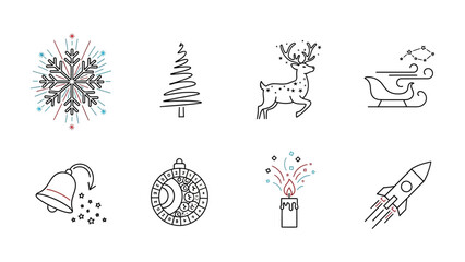Fototapeta premium Festive Icons of the Season: A collection of simple, yet elegant icons representing the joy and wonder of festive moments. Icons include snowflakes, trees, reindeer and Santa's sleigh.