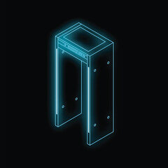 Metal detector gate opening, glowing futuristic style on dark background, security concept