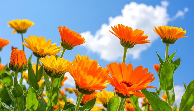 Vibrant orange & yellow flowers bloom against a bright blue sky dotted with fluffy white clouds, sunny and joyful
