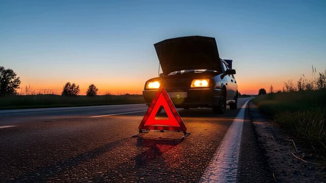 Night roadside assistance: broken car with hazard lights and warning triangle highlighted at sunset