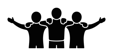 Three silhouetted figures standing together with arms raised or outstretched