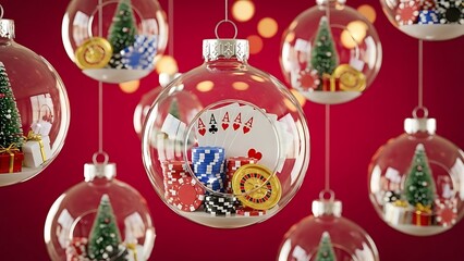 Christmas casino ornaments featuring poker chips, four aces playing cards, and a roulette wheel. Festive holiday gambling theme on a red background.