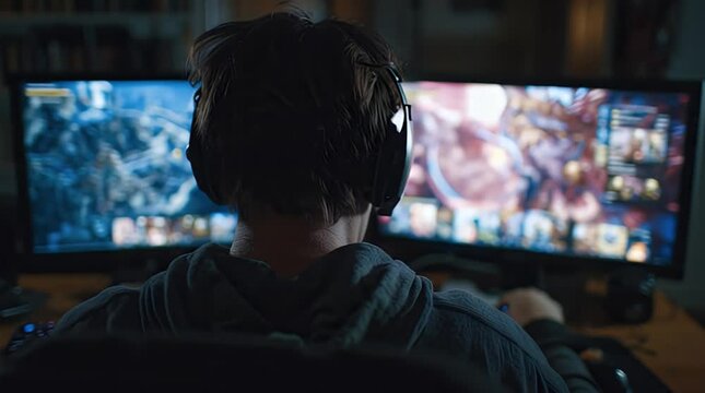 A person plays a game on two monitors, wearing headphones